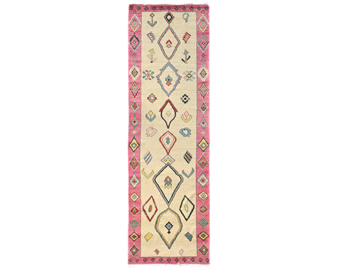 13 Feet Moroccan Beige Hand Woven Wool Runner Rug