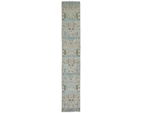 16 Feet Blue Khurgeen Afghan Hand Knotted Wool Runner Rug