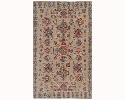 5x8 Natural Brown Kazak Afghan Hand Knotted Geometric Wool Area Rug