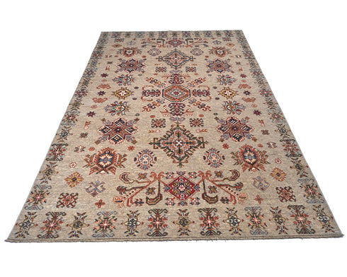5x8 Natural Brown Kazak Afghan Hand Knotted Geometric Wool Area Rug