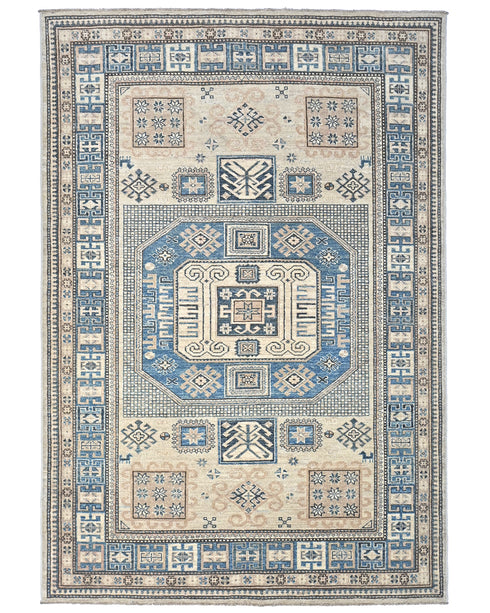5x7 Ft Kazak Beige Blue Afghan Hand Knotted Geometric Wool Area Rug