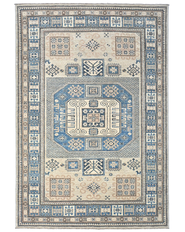 5x7 Ft Kazak Beige Blue Afghan Hand Knotted Geometric Wool Area Rug