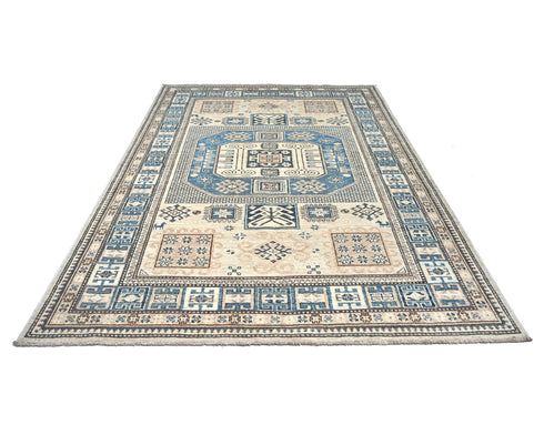 5x7 Ft Kazak Beige Blue Afghan Hand Knotted Geometric Wool Area Rug