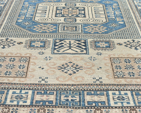 5x7 Ft Kazak Beige Blue Afghan Hand Knotted Geometric Wool Area Rug