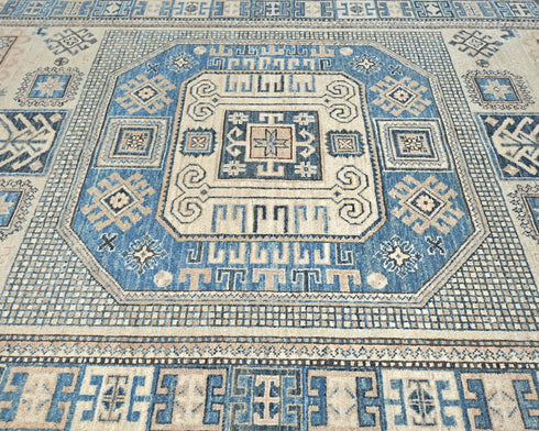 5x7 Ft Kazak Beige Blue Afghan Hand Knotted Geometric Wool Area Rug