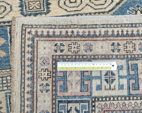 5x7 Ft Kazak Beige Blue Afghan Hand Knotted Geometric Wool Area Rug
