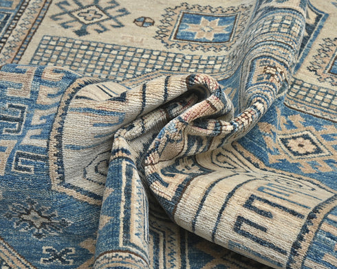 5x7 Ft Kazak Beige Blue Afghan Hand Knotted Geometric Wool Area Rug