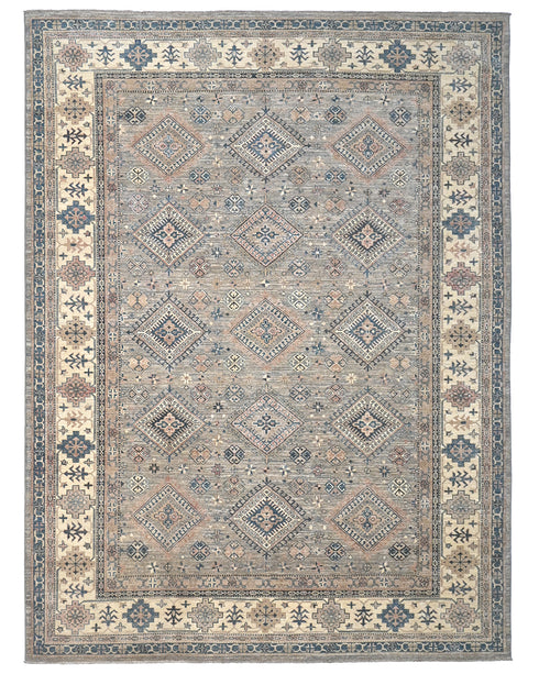 8x10 Kazak Gray Afghan Handmade Geometric Wool Area Rug