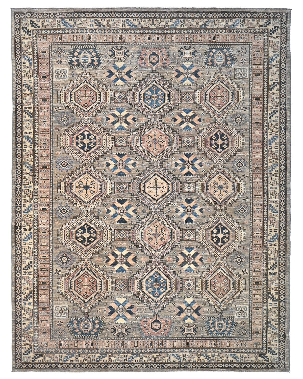 Alfombra de lana geométrica anudada a mano, color marrón y gris, de Kazak Afghan, de 8 x 11 pies