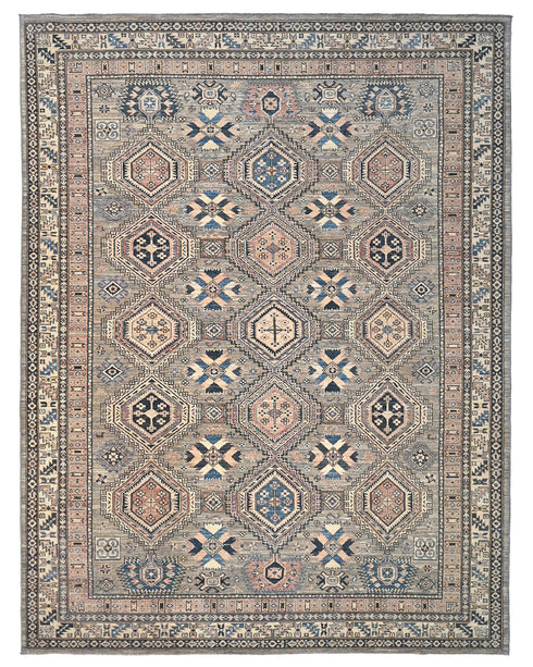 8x11 Ft Brown Gray Kazak Afghan Hand Knotted Geometric Wool Area Rug