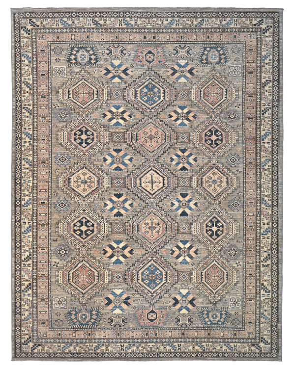 8x11 Ft Brown Gray Kazak Afghan Hand Knotted Geometric Wool Area Rug