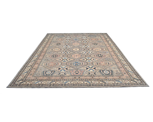 8x11 Ft Brown Gray Kazak Afghan Hand Knotted Geometric Wool Area Rug