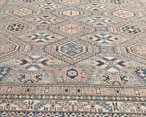 8x11 Ft Brown Gray Kazak Afghan Hand Knotted Geometric Wool Area Rug