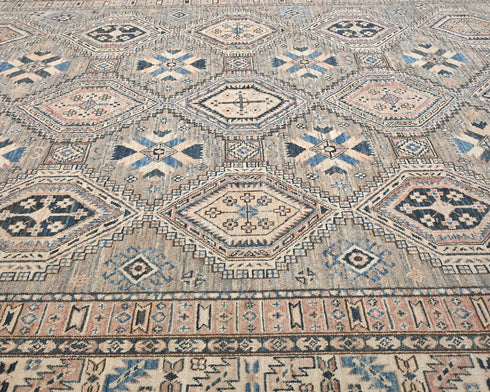 8x11 Ft Brown Gray Kazak Afghan Hand Knotted Geometric Wool Area Rug