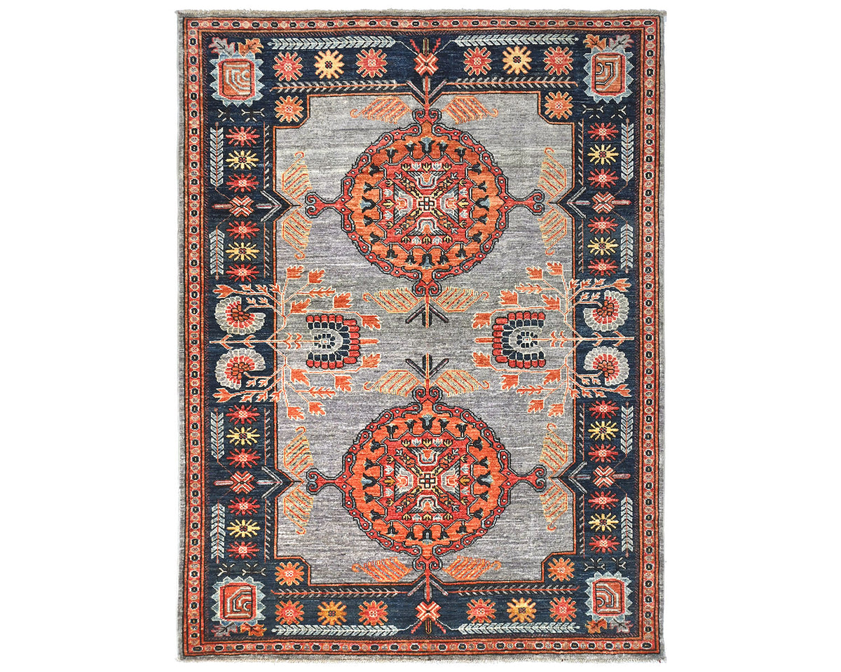 Alfombra afgana Ersari de lana teñida vegetal anudada a mano, color gris óxido, 5x7
