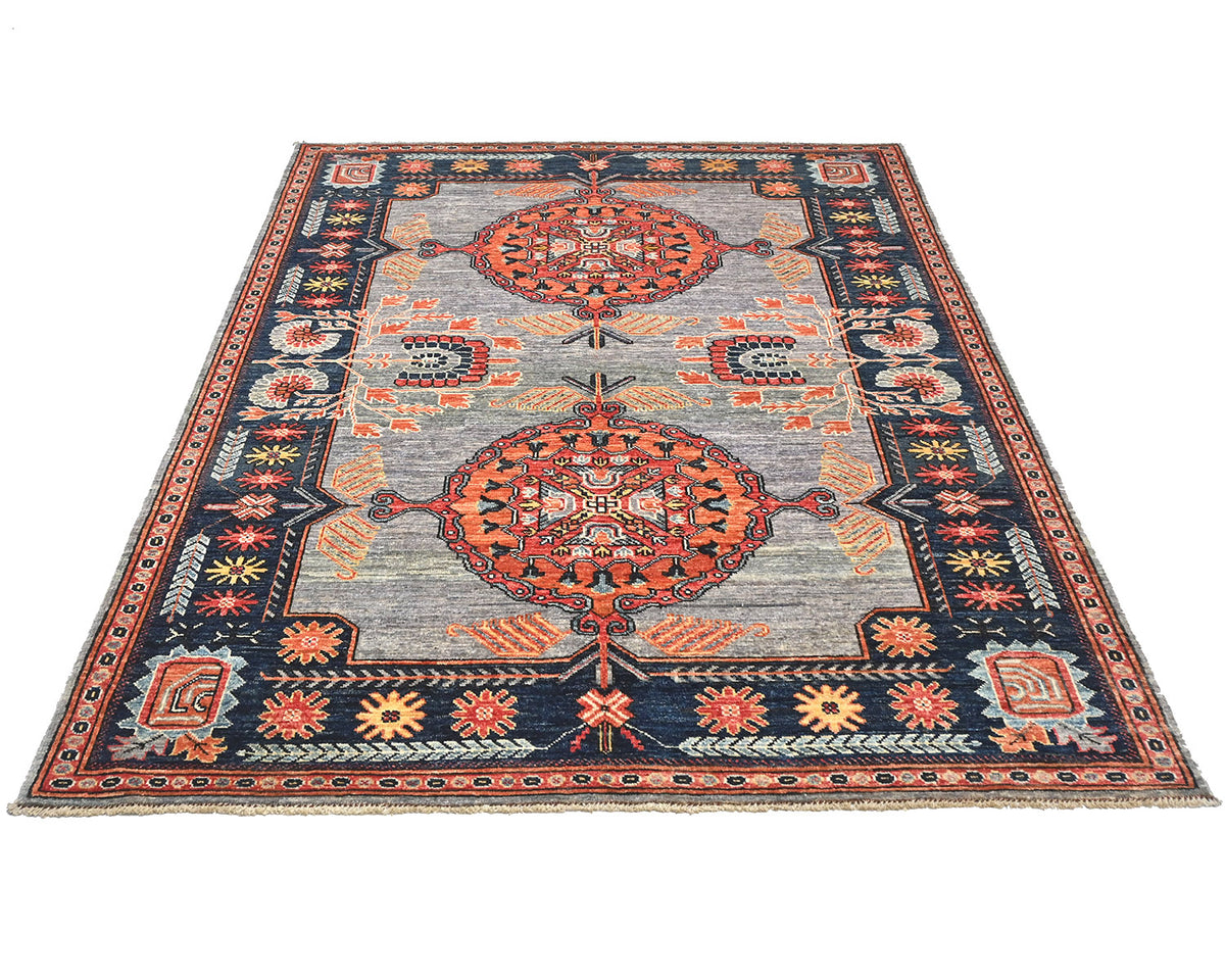 Alfombra afgana Ersari de lana teñida vegetal anudada a mano, color gris óxido, 5x7