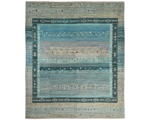 Alfombra afgana de lana anudada a mano Khurgeen azul y verde de 8 x 10 pulgadas