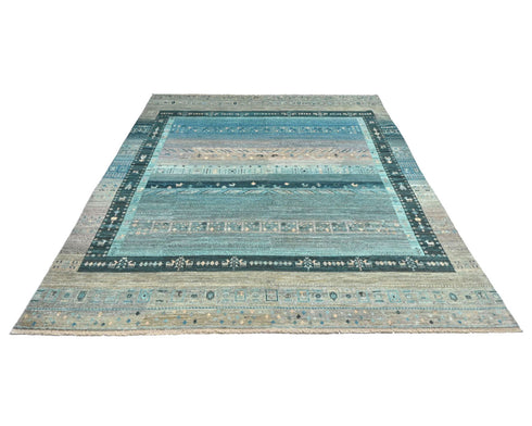 Alfombra afgana de lana anudada a mano Khurgeen azul y verde de 8 x 10 pulgadas