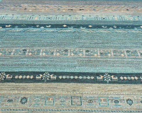Alfombra afgana de lana anudada a mano Khurgeen azul y verde de 8 x 10 pulgadas