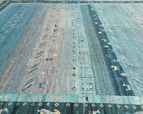 Alfombra afgana de lana anudada a mano Khurgeen azul y verde de 8 x 10 pulgadas