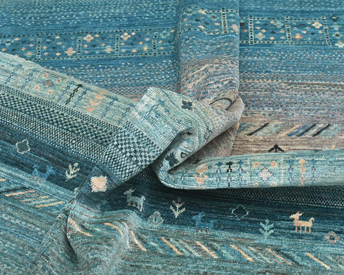 Alfombra afgana de lana anudada a mano Khurgeen azul y verde de 8 x 10 pulgadas