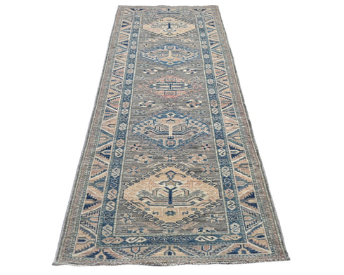 8 Feet Gray Kazak Afghan Hand Knotted Geometric Wool Runner Rug