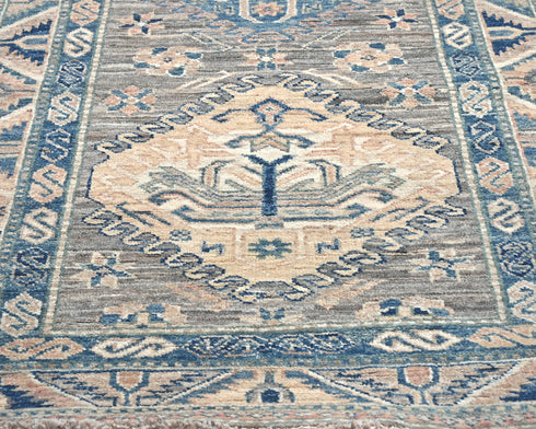 8 Feet Gray Kazak Afghan Hand Knotted Geometric Wool Runner Rug