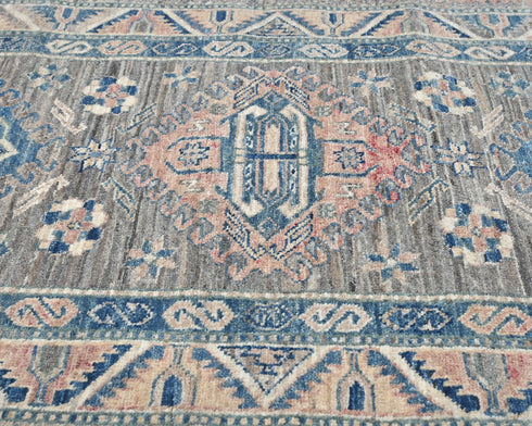 8 Feet Gray Kazak Afghan Hand Knotted Geometric Wool Runner Rug
