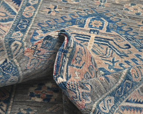 8 Feet Gray Kazak Afghan Hand Knotted Geometric Wool Runner Rug