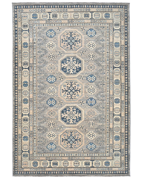 5x7 Kazak Gray Blue Afghan Hand Knotted Geometric Wool Area Rug