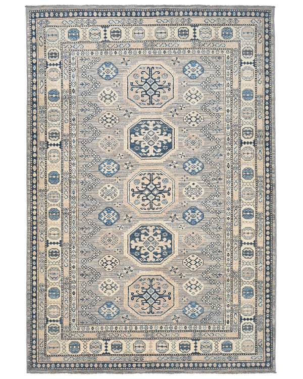 5x7 Kazak Gray Blue Afghan Hand Knotted Geometric Wool Area Rug