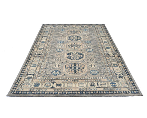 5x7 Kazak Gray Blue Afghan Hand Knotted Geometric Wool Area Rug