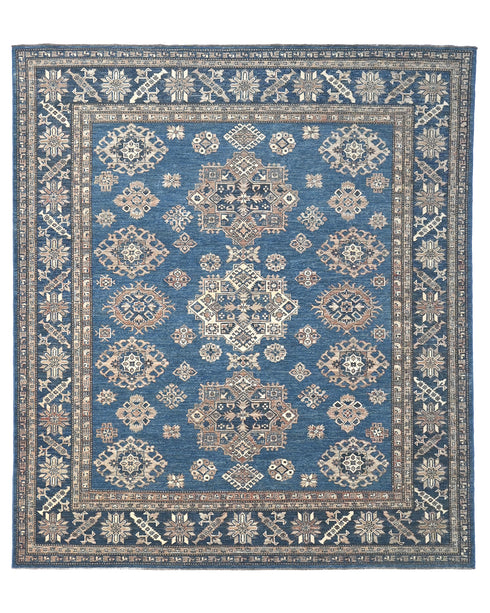 8x10 Blue Kazak Afghan Hand Knotted Geometric Wool Area Rug
