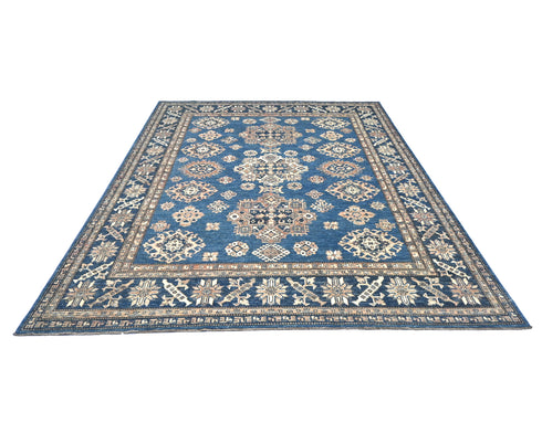 8x10 Blue Kazak Afghan Hand Knotted Geometric Wool Area Rug