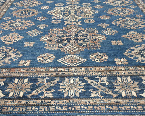 8x10 Blue Kazak Afghan Hand Knotted Geometric Wool Area Rug