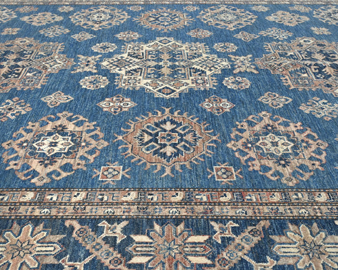 8x10 Blue Kazak Afghan Hand Knotted Geometric Wool Area Rug