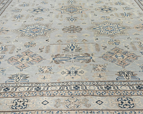 9x12 Gray Kazak Afghan Hand Knotted Geometric Wool Area Rug