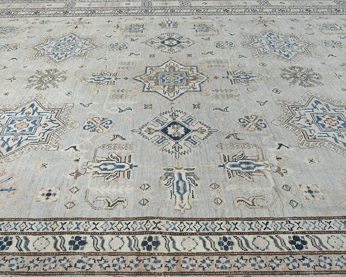 9x12 Gray Kazak Afghan Hand Knotted Geometric Wool Area Rug