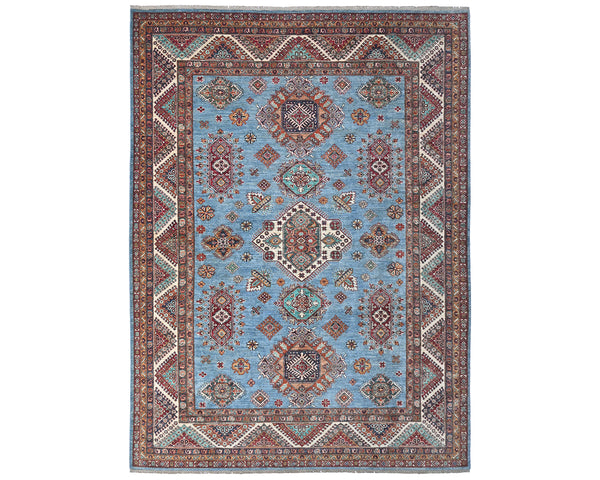 8x10 Blue Kazak Afghan Hand Knotted Geometric Wool Area Rug