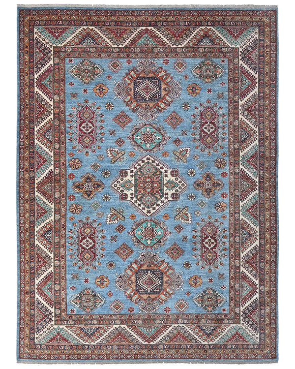 8x10 Blue Kazak Afghan Hand Knotted Geometric Wool Area Rug