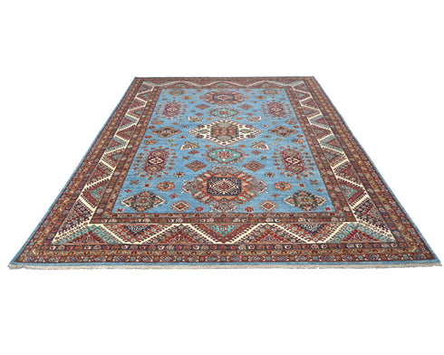 8x10 Blue Kazak Afghan Hand Knotted Geometric Wool Area Rug