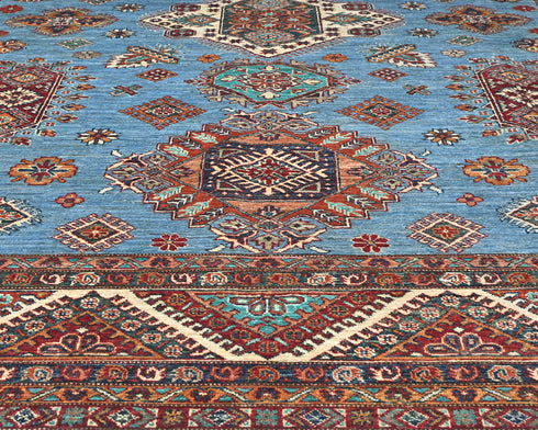 8x10 Blue Kazak Afghan Hand Knotted Geometric Wool Area Rug