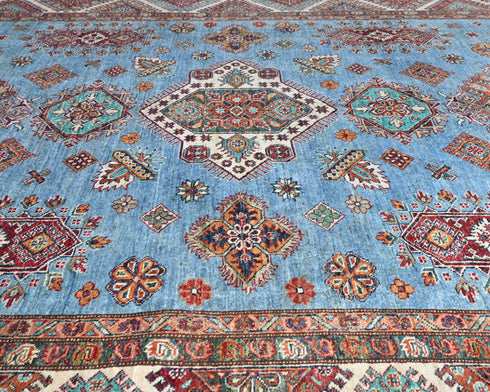 8x10 Blue Kazak Afghan Hand Knotted Geometric Wool Area Rug