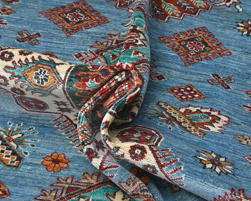 8x10 Blue Kazak Afghan Hand Knotted Geometric Wool Area Rug