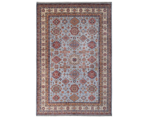 9x12 Gray Kazak Afghan Hand Knotted Geometric Wool Area Rug