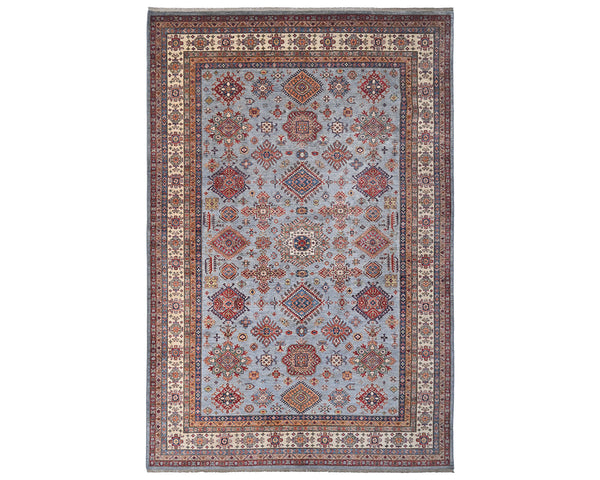 9x12 Gray Kazak Afghan Hand Knotted Geometric Wool Area Rug