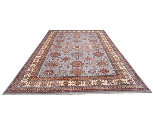 9x12 Gray Kazak Afghan Hand Knotted Geometric Wool Area Rug