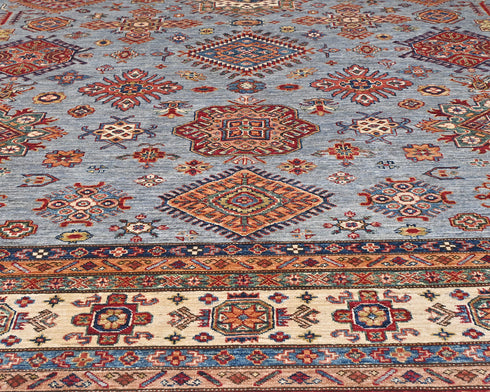 9x12 Gray Kazak Afghan Hand Knotted Geometric Wool Area Rug