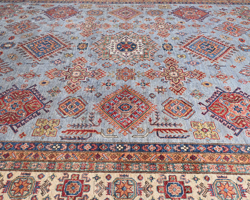 9x12 Gray Kazak Afghan Hand Knotted Geometric Wool Area Rug