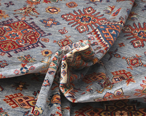 9x12 Gray Kazak Afghan Hand Knotted Geometric Wool Area Rug